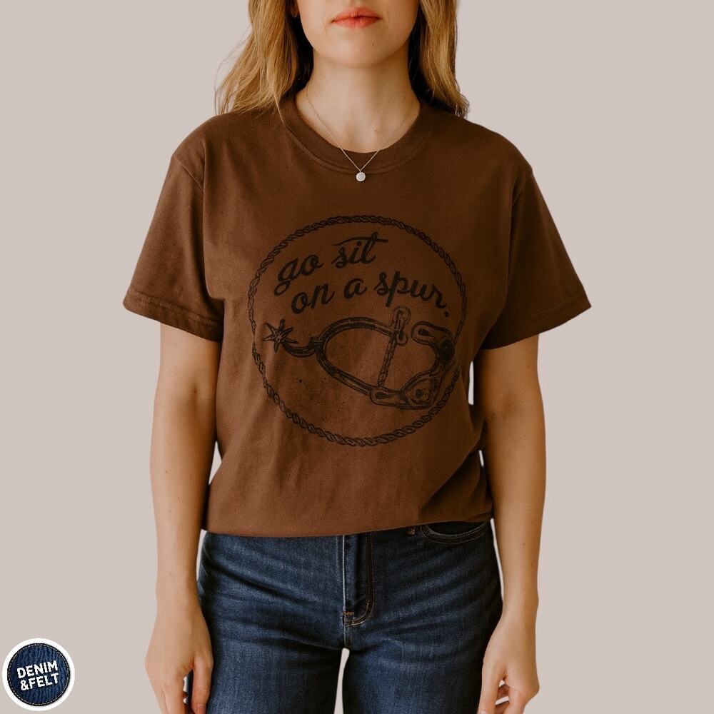Comfort Colors Brown Western Graphic Tee “Go Sit On‎ A Spur” Size M Cotton Shirt